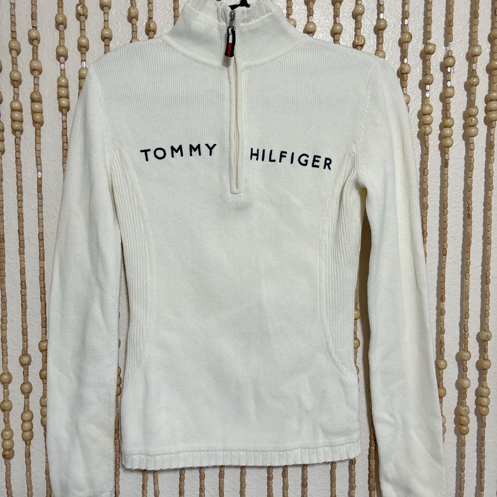 Tommy Hilfiger 06 Y2K Spell out Zip Up Ribbed Track Long Sleeve Preppy Sweater